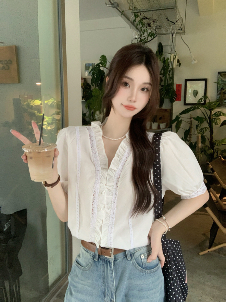 Temperament Korean style V-neck sweet shirt