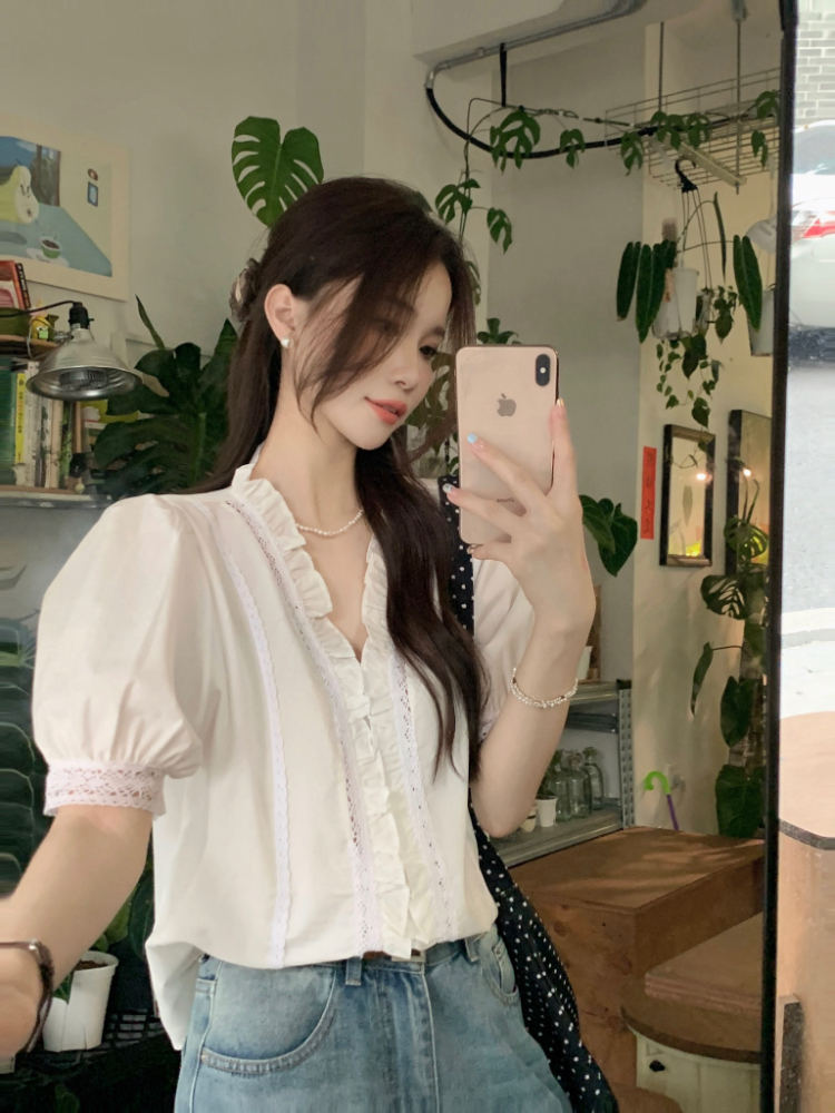 Temperament Korean style V-neck sweet shirt