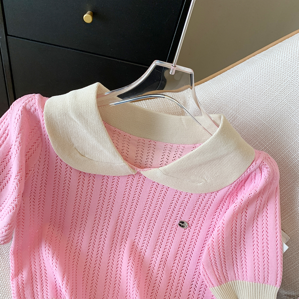 Hollow doll collar maiden mixed colors sweater