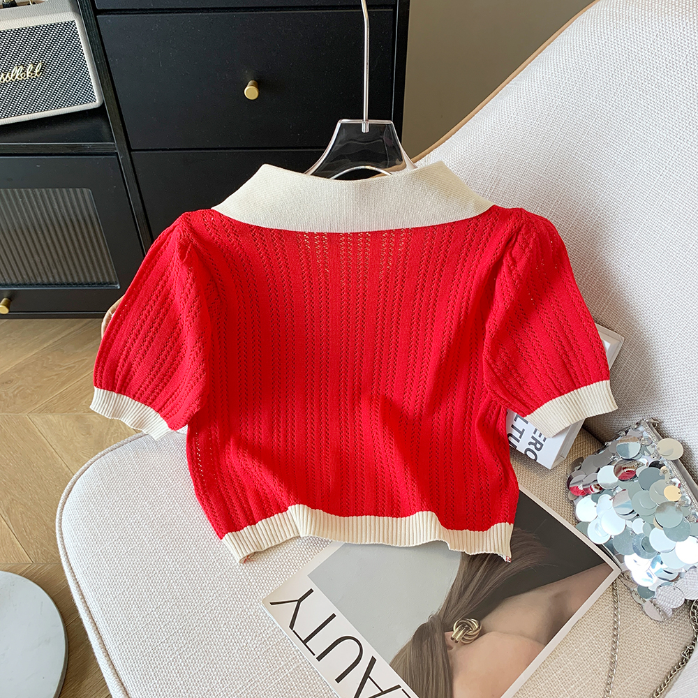 Hollow doll collar maiden mixed colors sweater