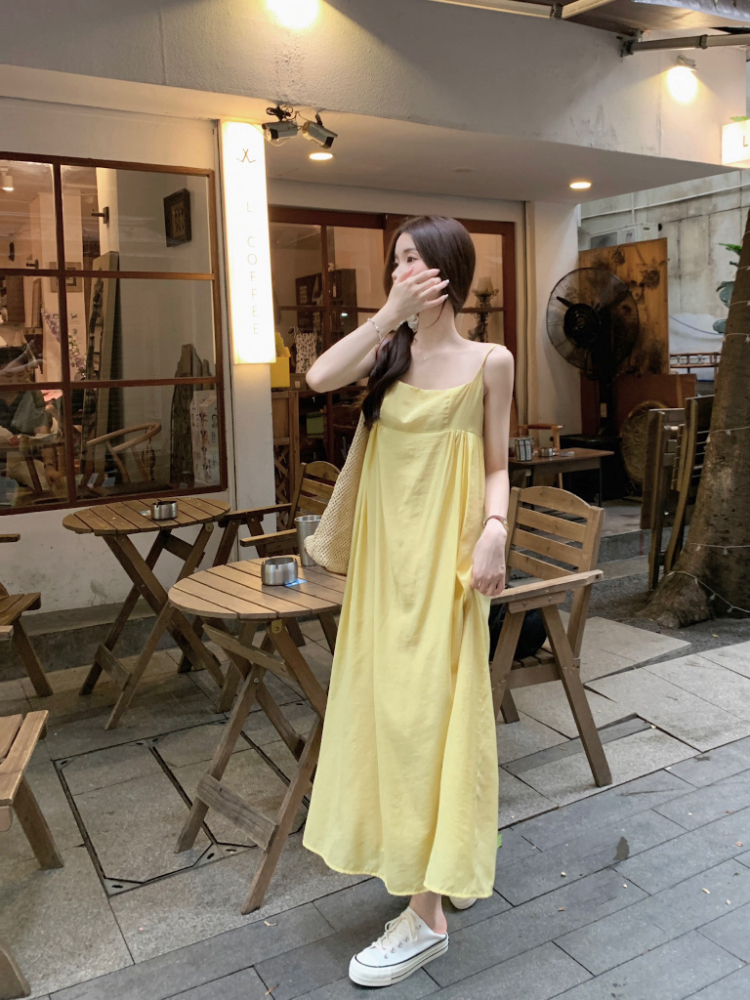 Temperament vacation yellow dress seaside tender long dress