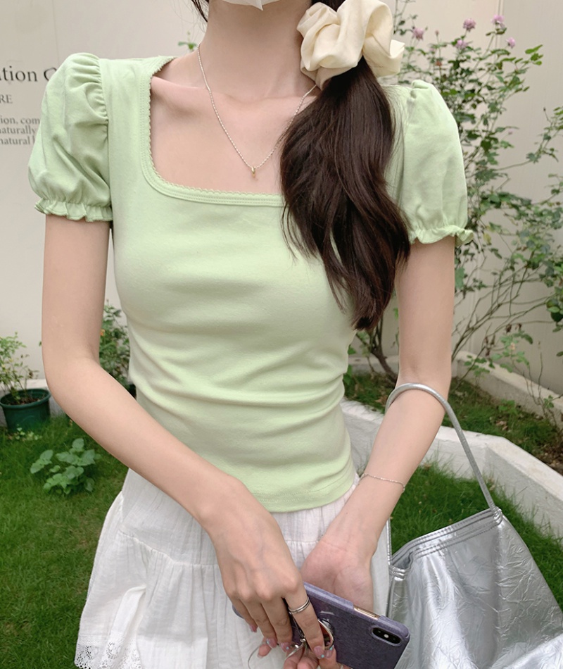 Short sleeve all-match tops square collar T-shirt for women