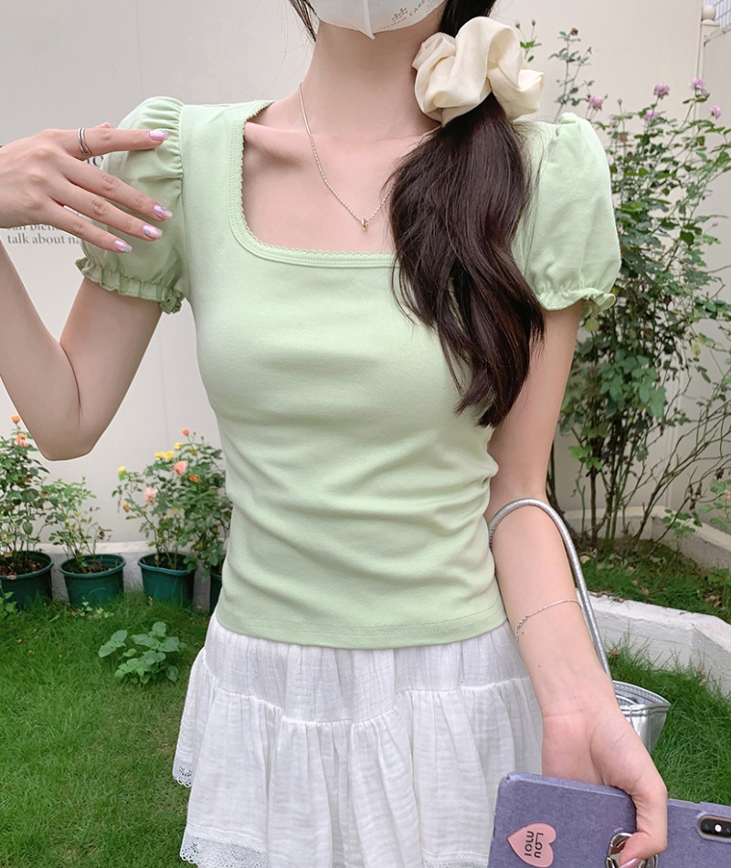 Short sleeve all-match tops square collar T-shirt for women