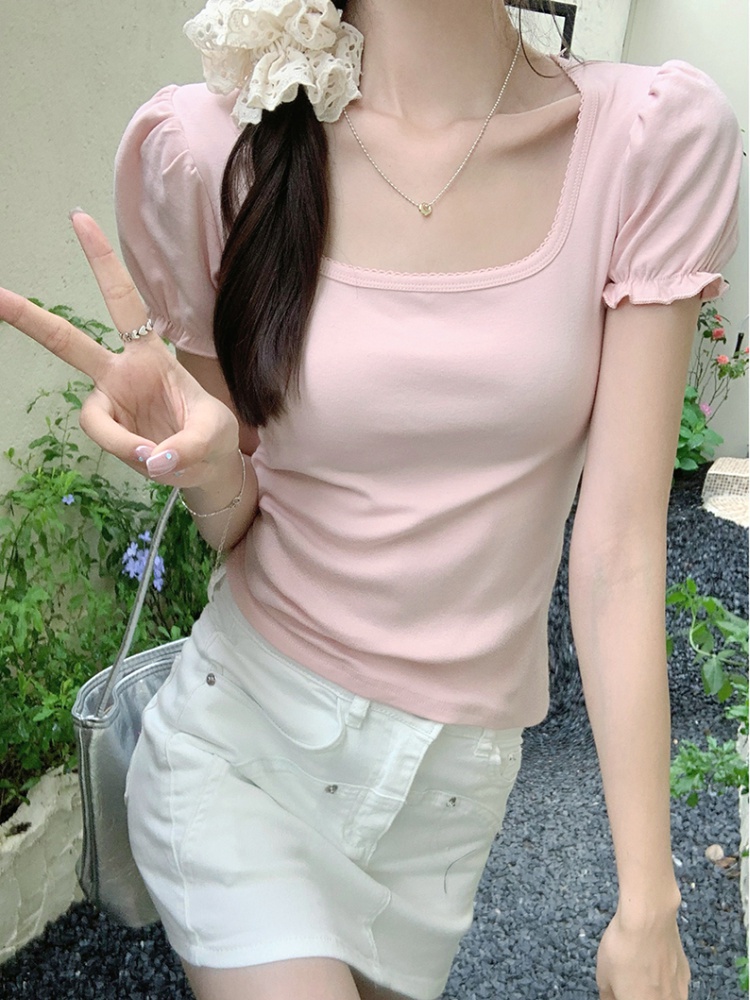 Short sleeve all-match tops square collar T-shirt for women