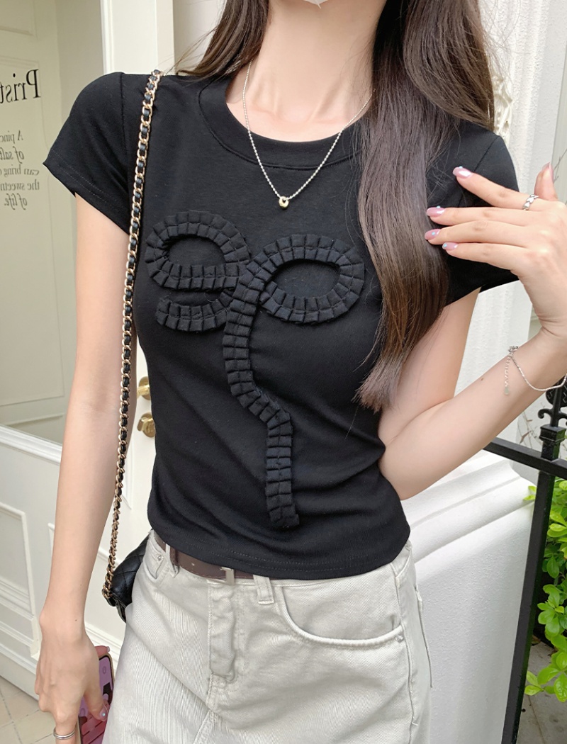 Short sleeve short summer T-shirt bow small fellow tops for women