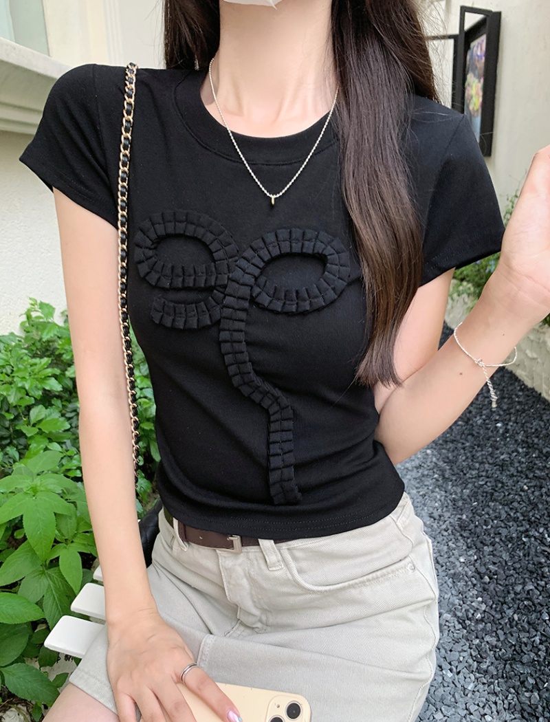 Short sleeve short summer T-shirt bow small fellow tops for women