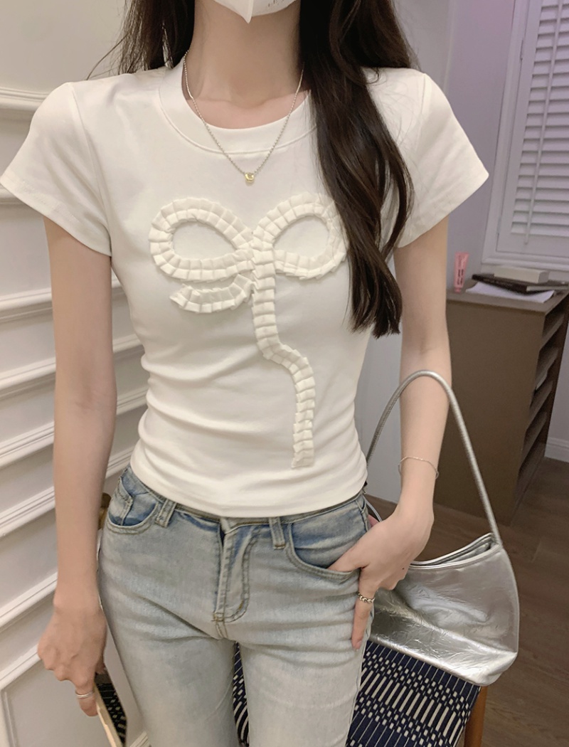 Short sleeve short summer T-shirt bow small fellow tops for women