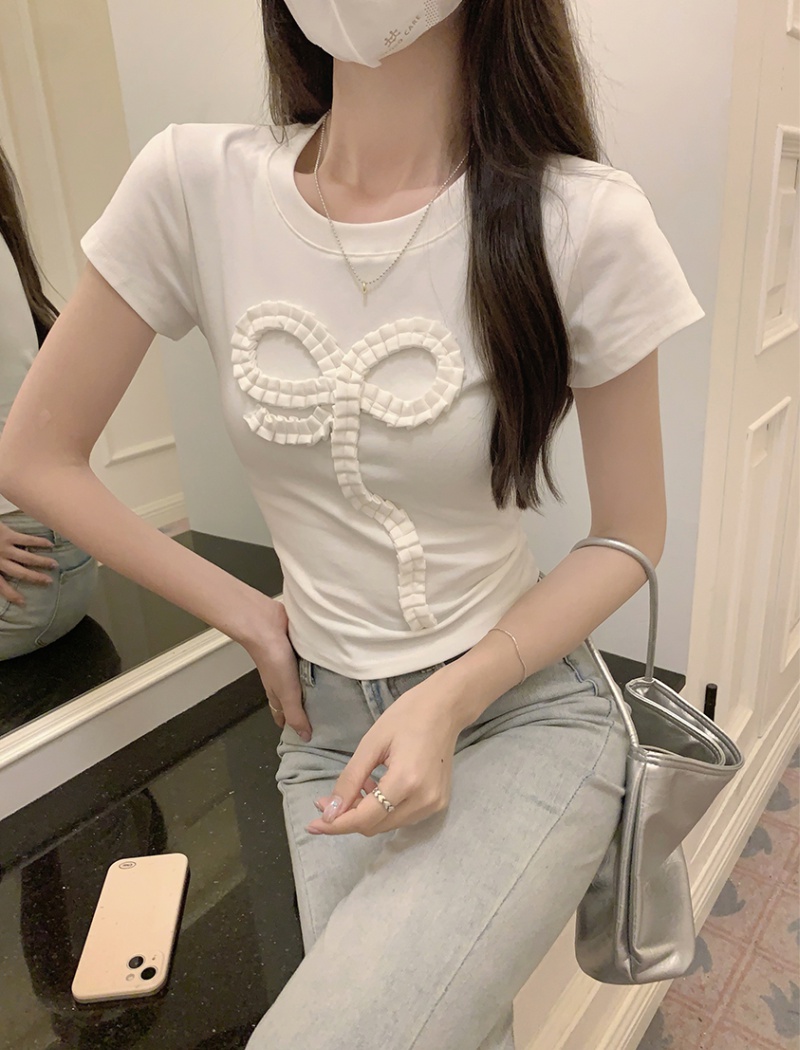 Short sleeve short summer T-shirt bow small fellow tops for women