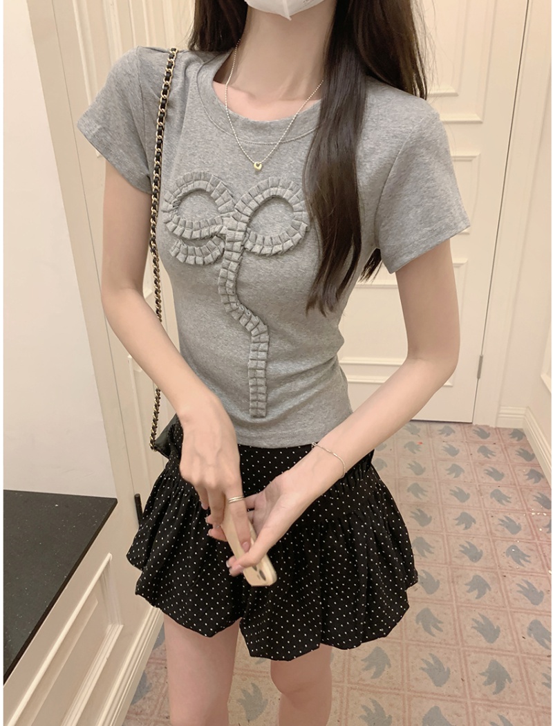 Short sleeve short summer T-shirt bow small fellow tops for women