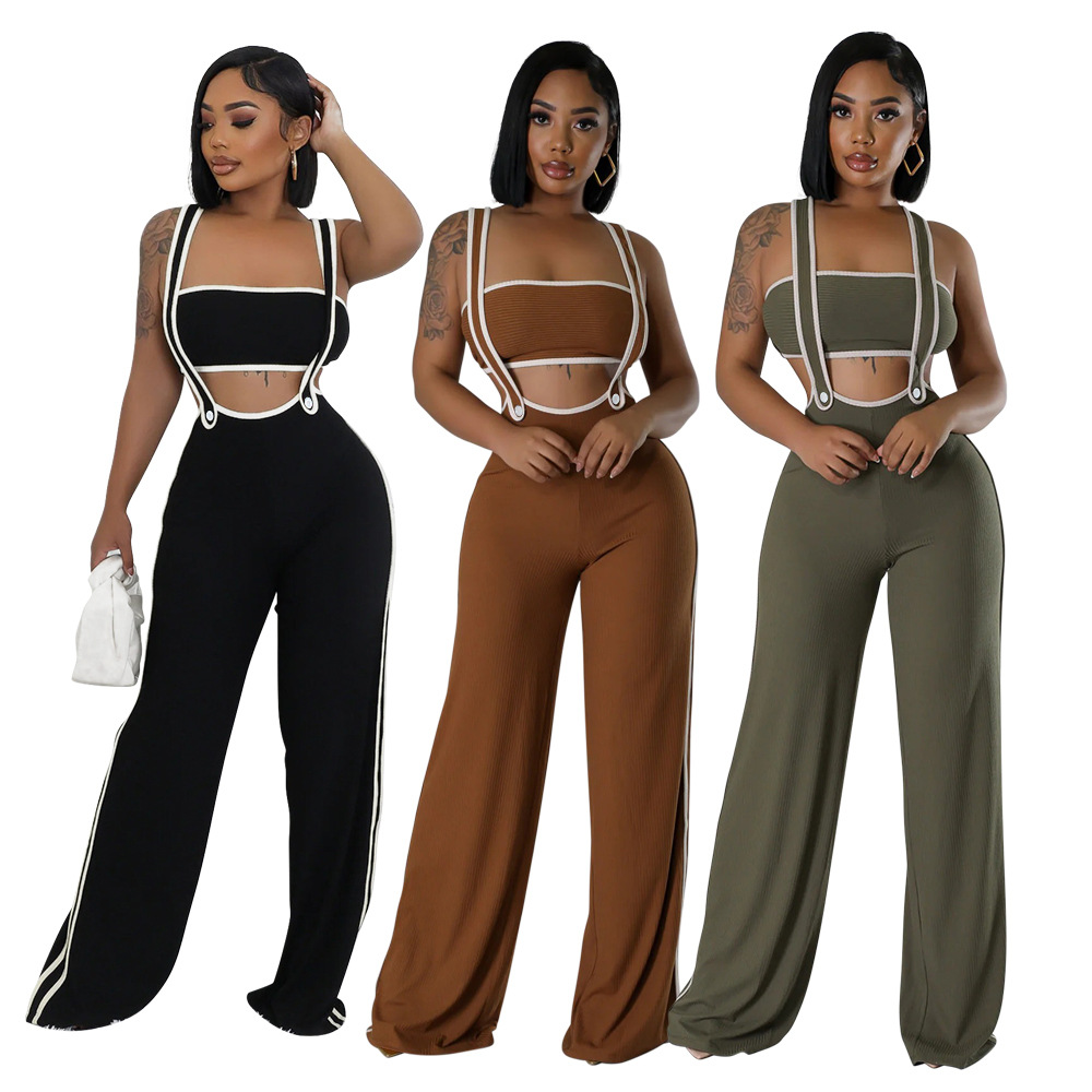 Wrapped chest loose jumpsuit sling tops 2pcs set for women