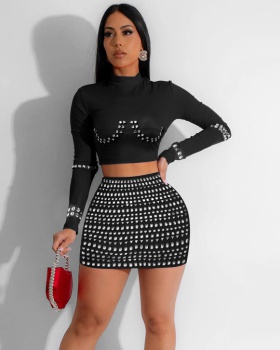 Fashion rhinestone tops short skirt 2pcs set