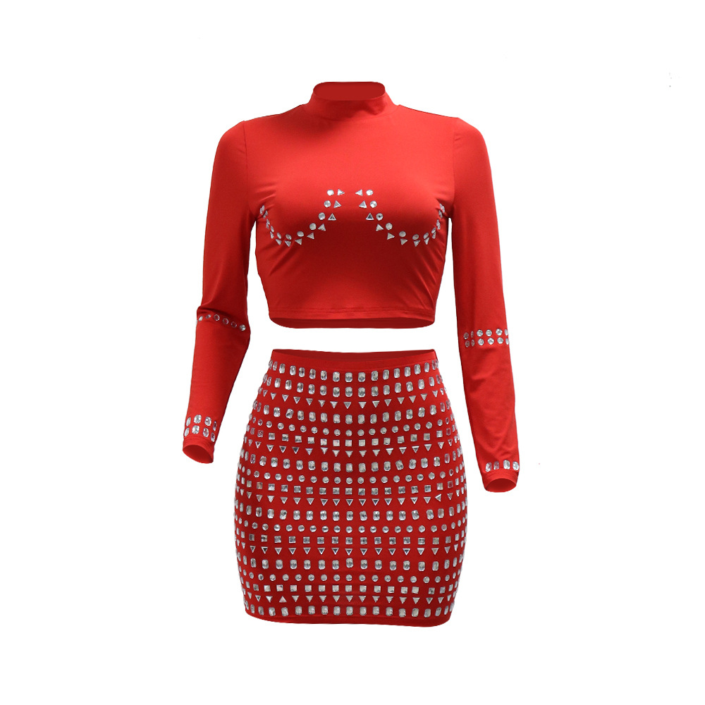 Fashion rhinestone tops short skirt 2pcs set