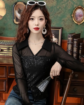 Sequins long sleeve tops split splice T-shirt for women