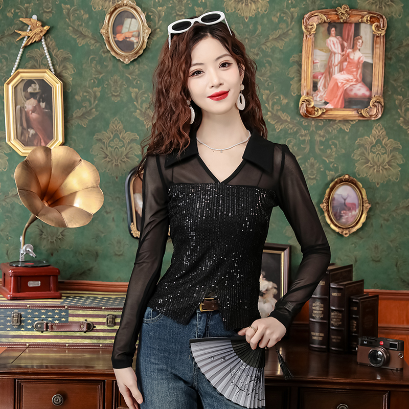 Sequins long sleeve tops split splice T-shirt for women