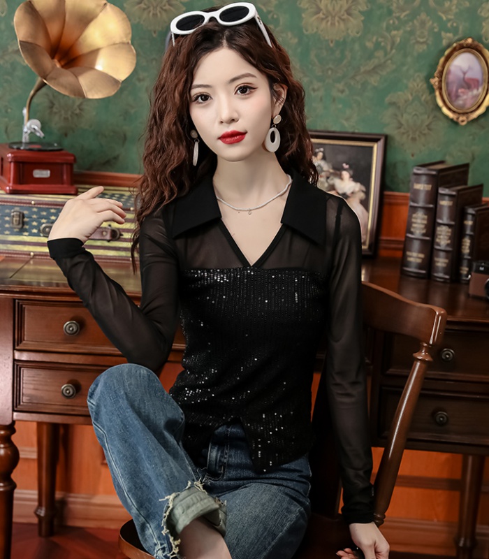 Sequins long sleeve tops split splice T-shirt for women