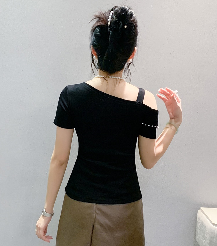 Rhinestone short sleeve T-shirt horizontal collar slim tops