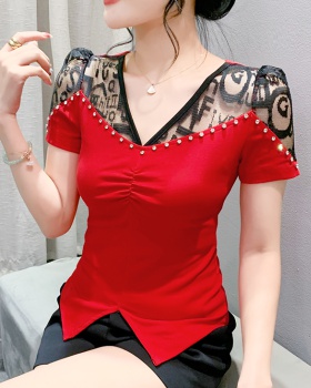 Short sleeve slim lace T-shirt V-neck beading cotton tops