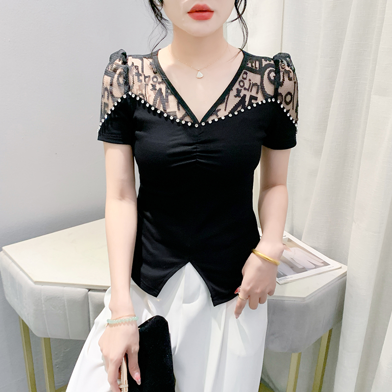 Short sleeve slim lace T-shirt V-neck beading cotton tops