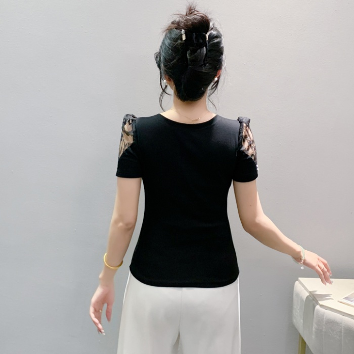 Short sleeve slim lace T-shirt V-neck beading cotton tops