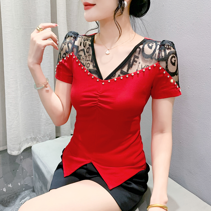 Short sleeve slim lace T-shirt V-neck beading cotton tops