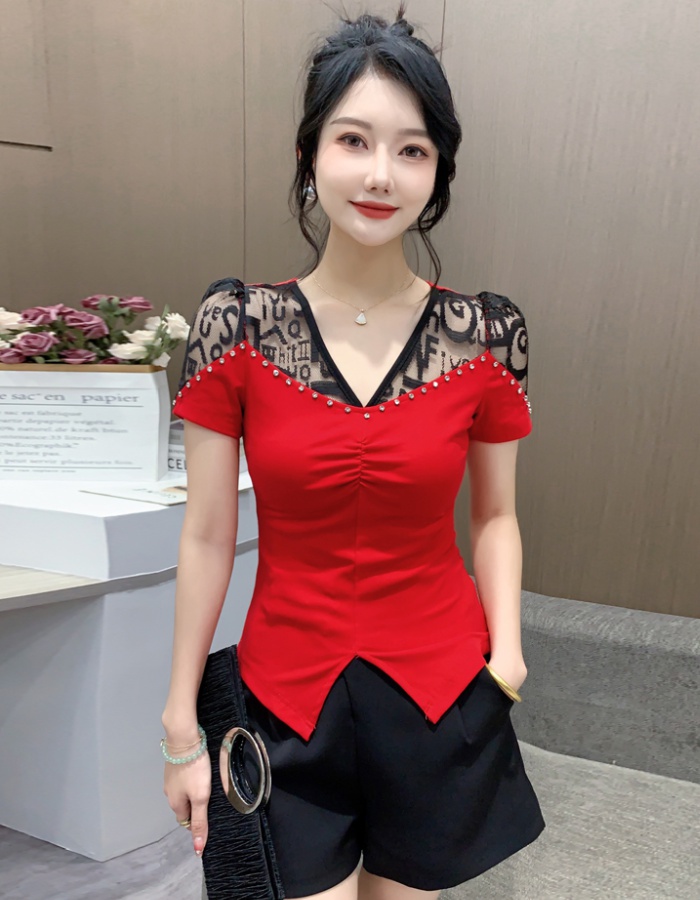 Short sleeve slim lace T-shirt V-neck beading cotton tops