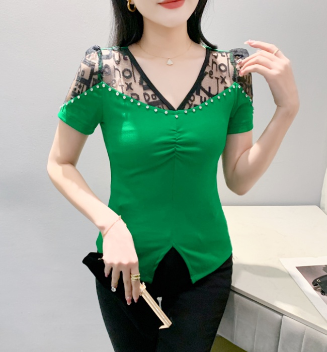 Short sleeve slim lace T-shirt V-neck beading cotton tops