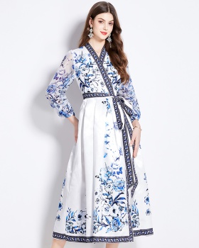 National style spring long waist printing frenum dress