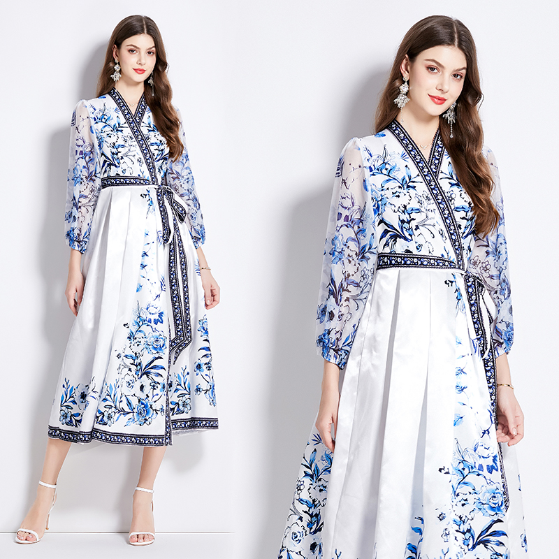 National style spring long waist printing frenum dress