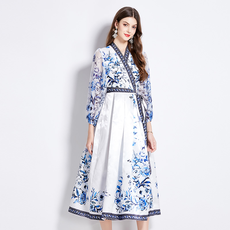 National style spring long waist printing frenum dress