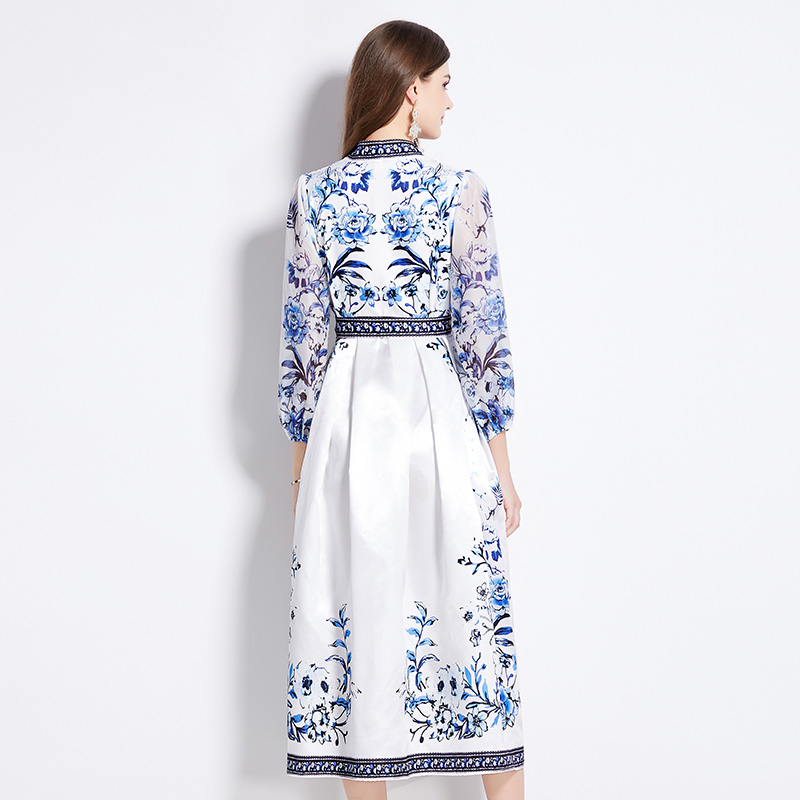 National style spring long waist printing frenum dress