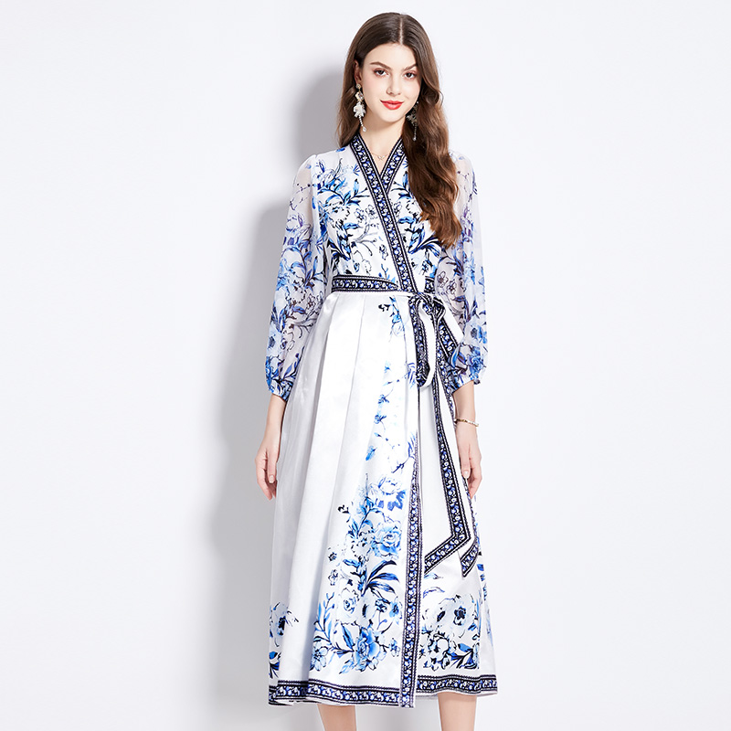 National style spring long waist printing frenum dress