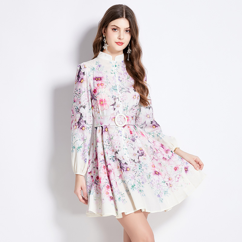 Cstand collar retro lantern sleeve national style dress