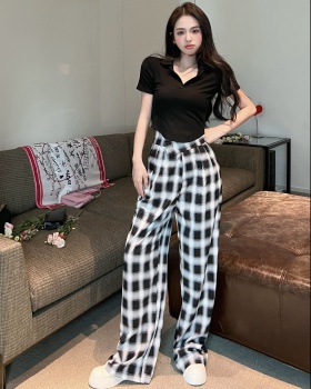 High waist short T-shirt plaid casual pants for women