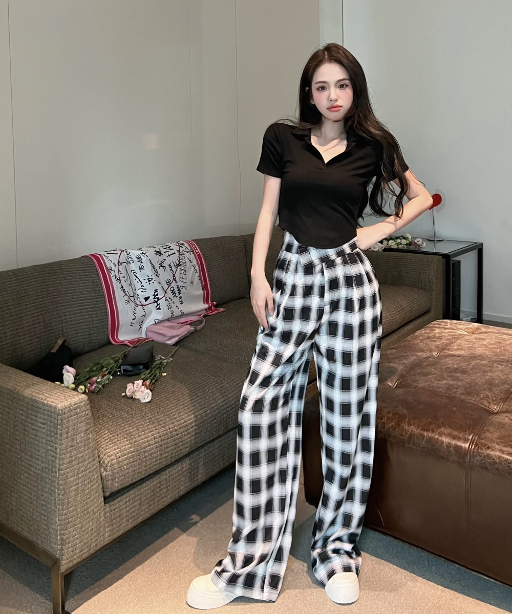 High waist short T-shirt plaid casual pants for women