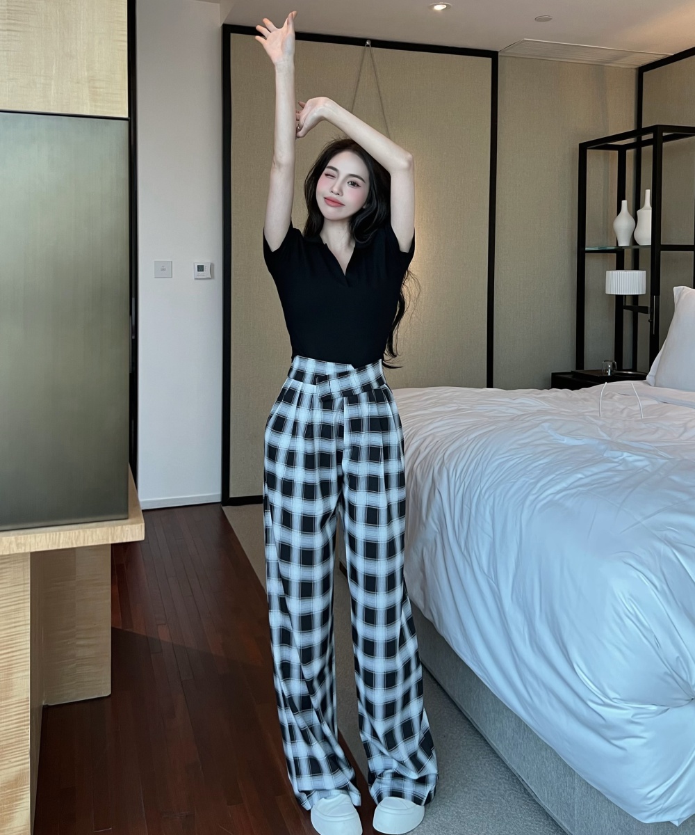 High waist short T-shirt plaid casual pants for women