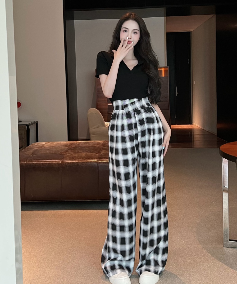 High waist short T-shirt plaid casual pants for women