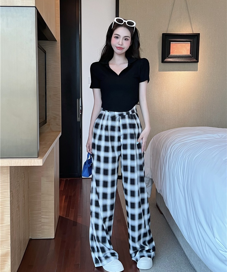 High waist short T-shirt plaid casual pants for women