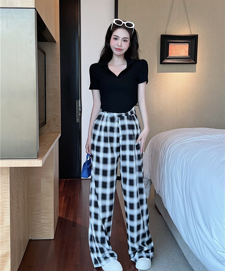 High waist short T-shirt plaid casual pants for women