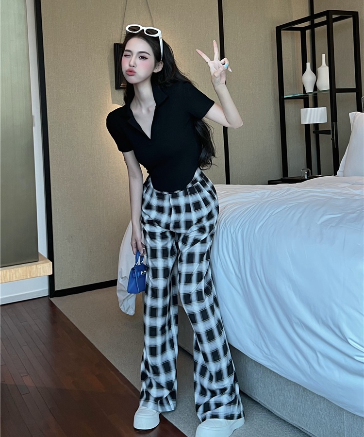 High waist short T-shirt plaid casual pants for women