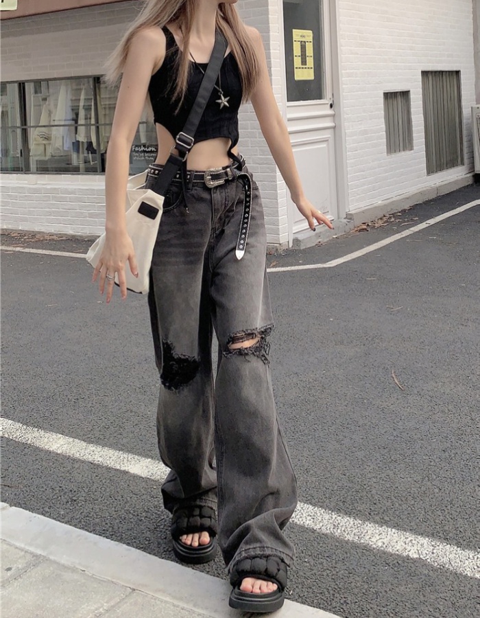 Holes straight retro pants low-waist loose long pants for women