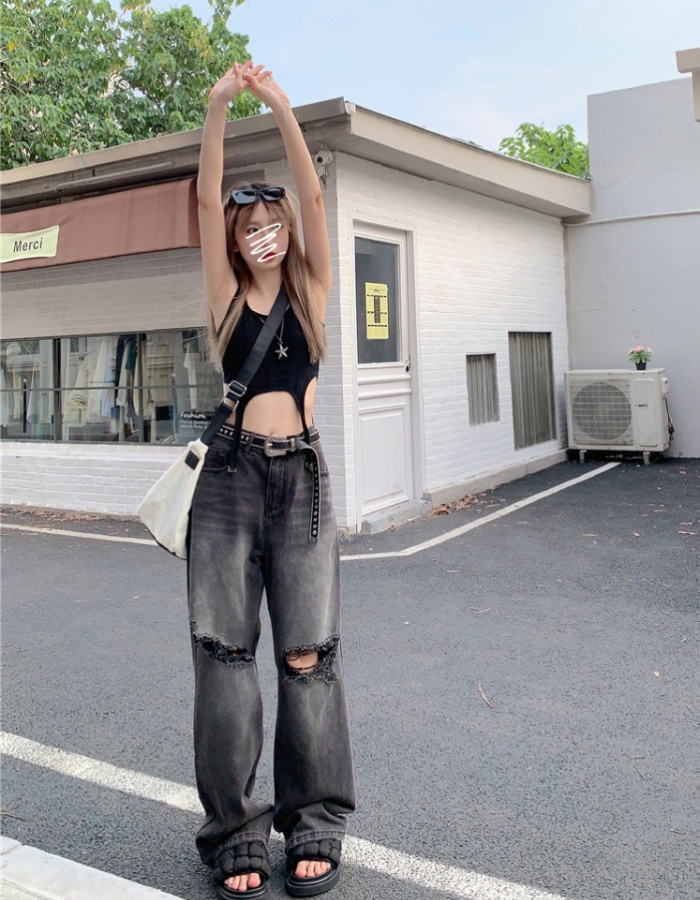 Holes straight retro pants low-waist loose long pants for women