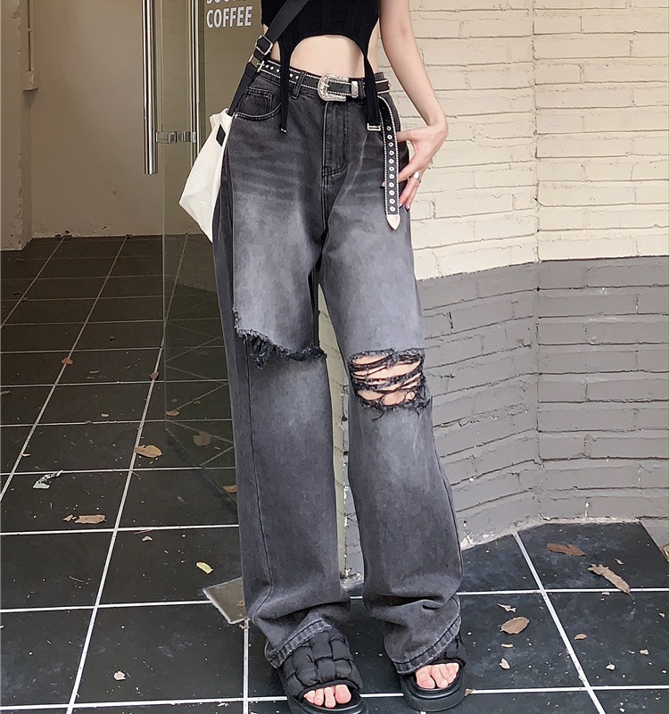 Holes straight retro pants low-waist loose long pants for women