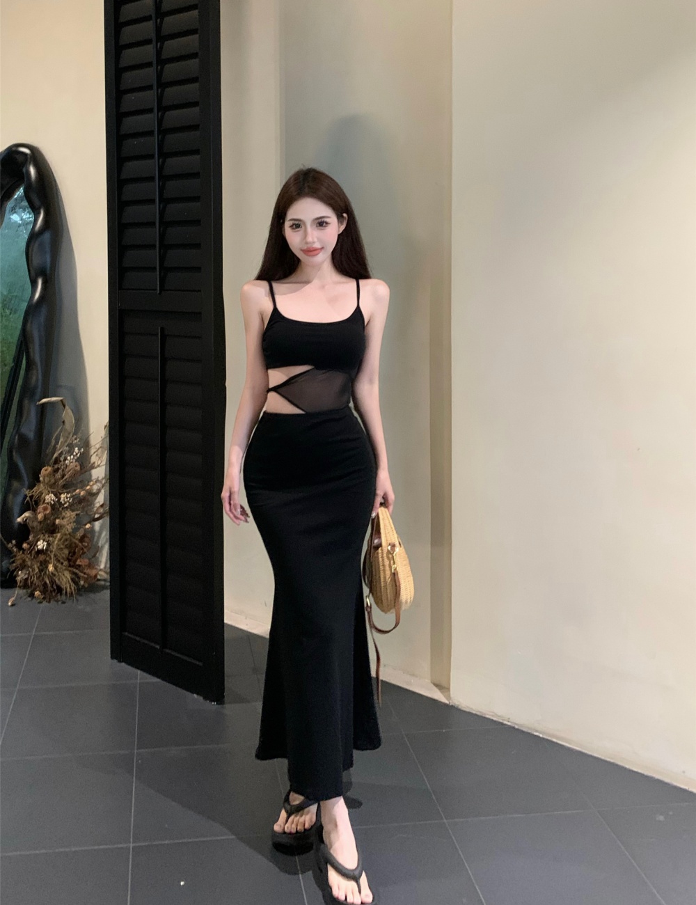 Enticement temperament long dress black sling dress