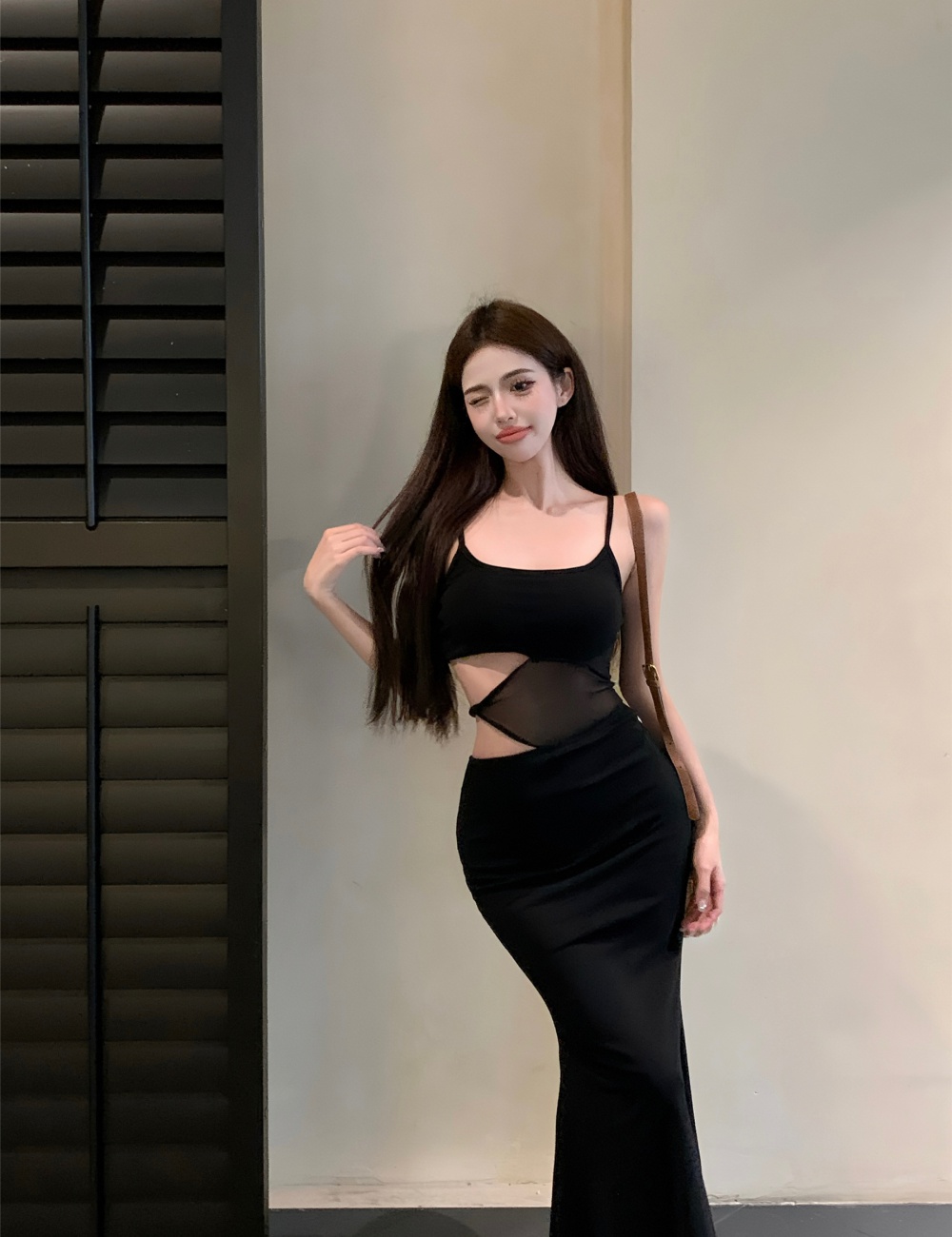 Enticement temperament long dress black sling dress