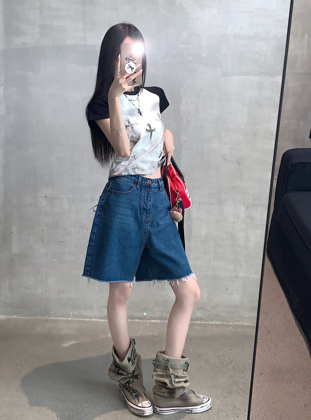 Loose slim five pants Korean style bow short jeans for women