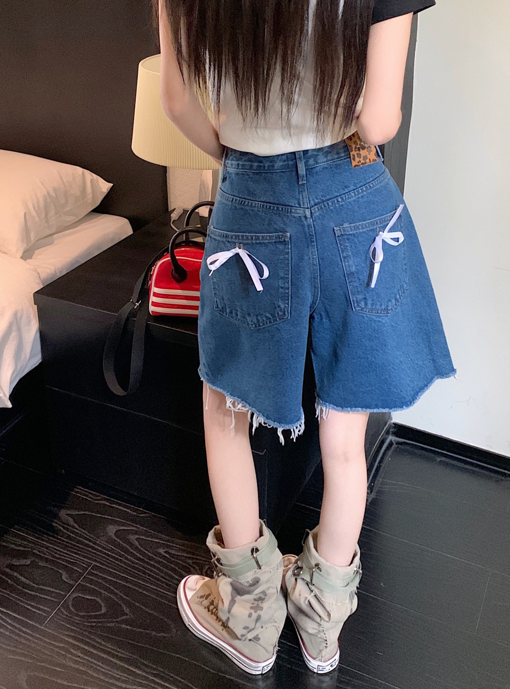 Loose slim five pants Korean style bow short jeans for women