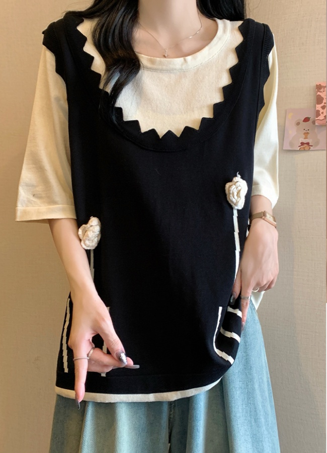 Summer round neck knitted Pseudo-two thin T-shirt