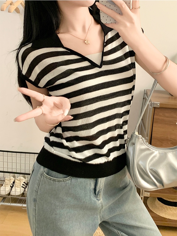 Ice silk Korean style thin vest stripe V-neck summer T-shirt