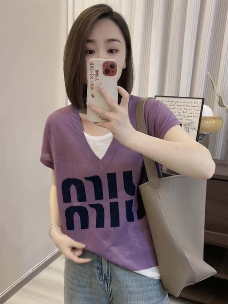 Loose Pseudo-two thin T-shirt letters slim printing tops for women