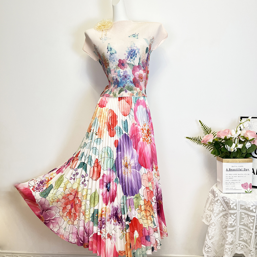 Fold colors stereoscopic summer all-match long dress a set